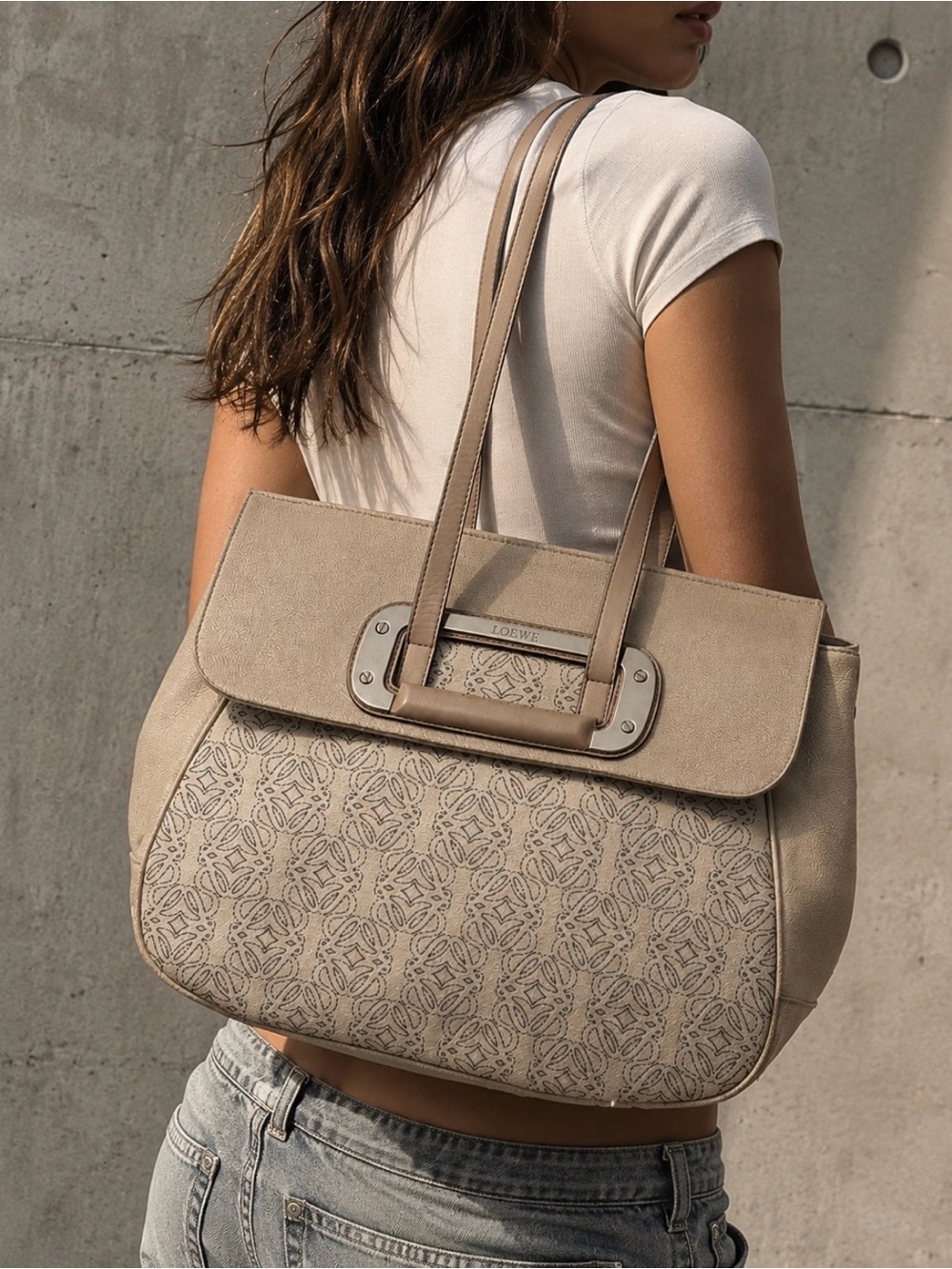 Loewe Anagram Shoulder Bag Kite Satchel Coated Canvas & Leather Tote